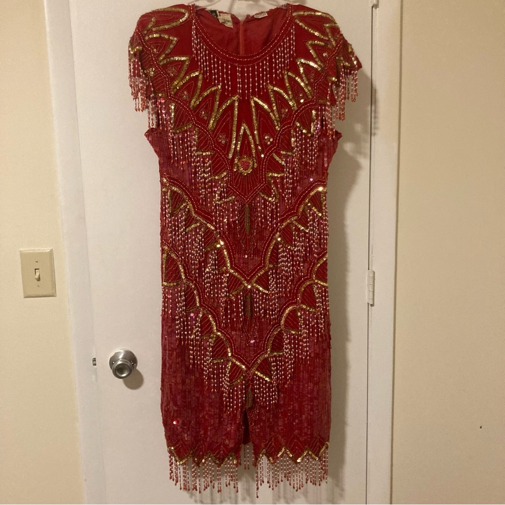 Vintage French Colle Zioni Beaded Fringe Sequin Dolly Parton Flapper Dress